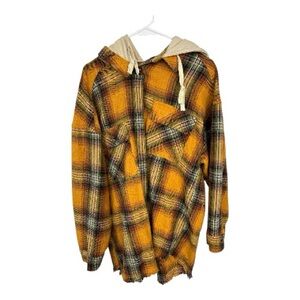 New In Women’s Orange Plaid Hooded Distressed Shacket with Pockets Size L